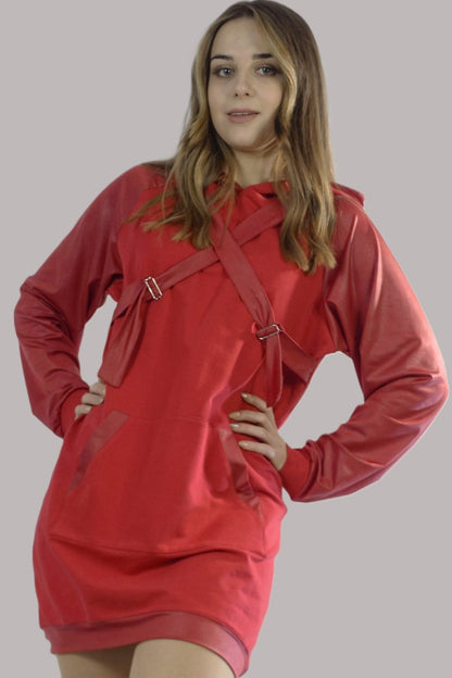 Sukienka czerwona ze skórzanymi rękawami S23 - DANNY