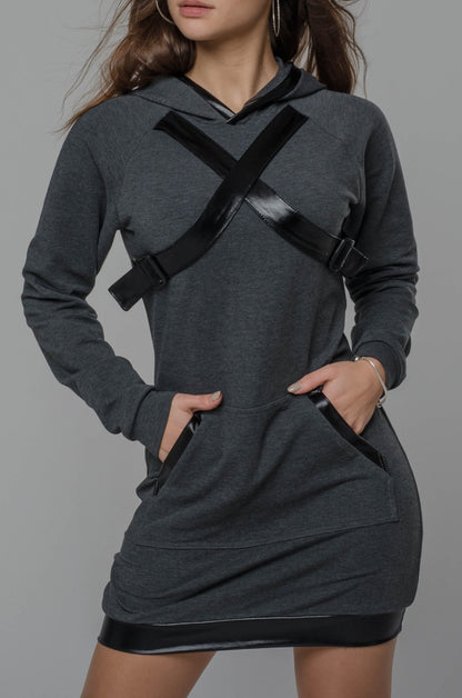 Sukienka szara ze skórzanymi rękawami S23 - DANNY