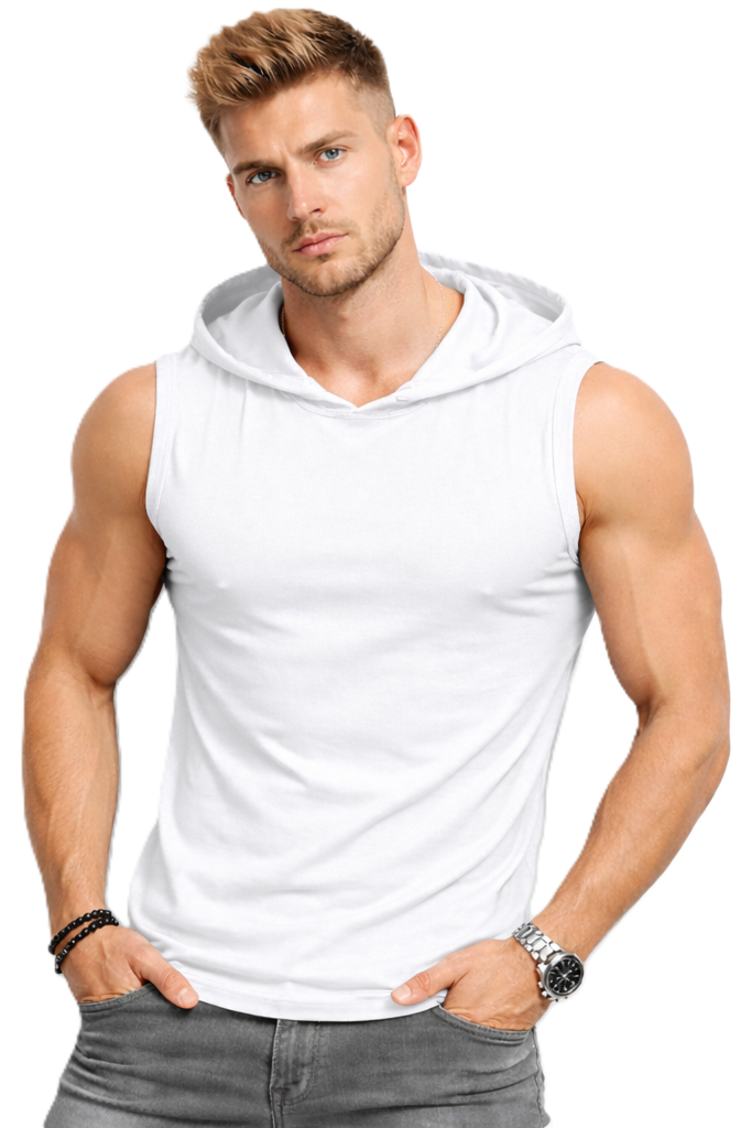 Męski T-shirt Bez Rękawów z Kapturem Biały W5505 - DANNY