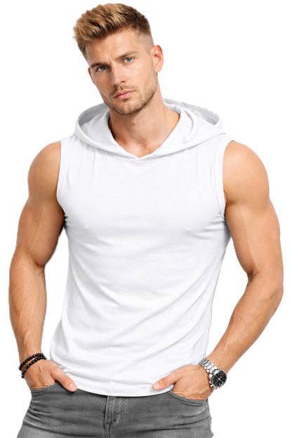 Męski T-shirt Bez Rękawów z Kapturem Biały W5505 - DANNY