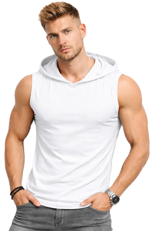 Męski T-shirt Bez Rękawów z Kapturem Biały W5505 - DANNY