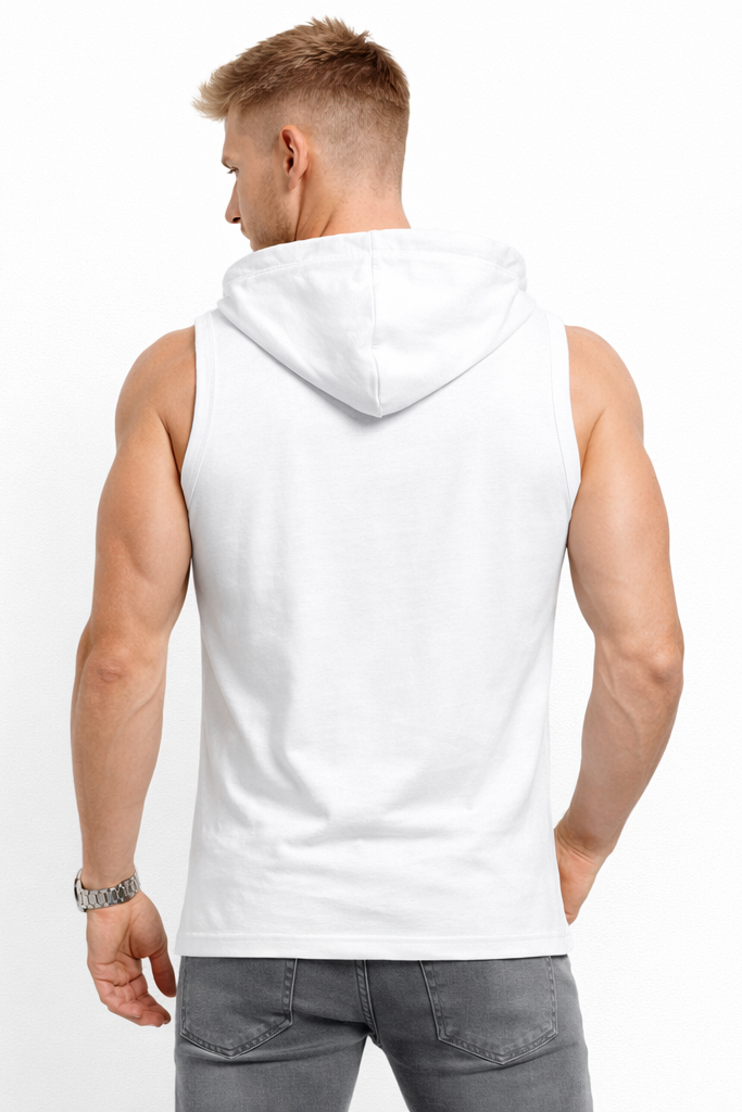 Męski T-shirt Bez Rękawów z Kapturem Biały tyl - DANNY