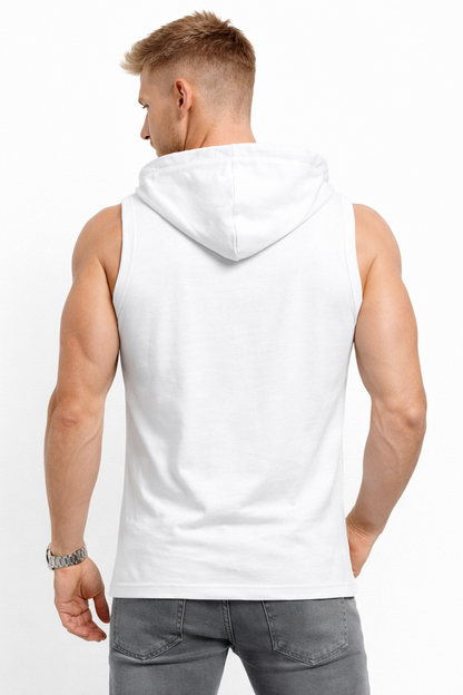 Męski T-shirt Bez Rękawów z Kapturem Biały tyl - DANNY