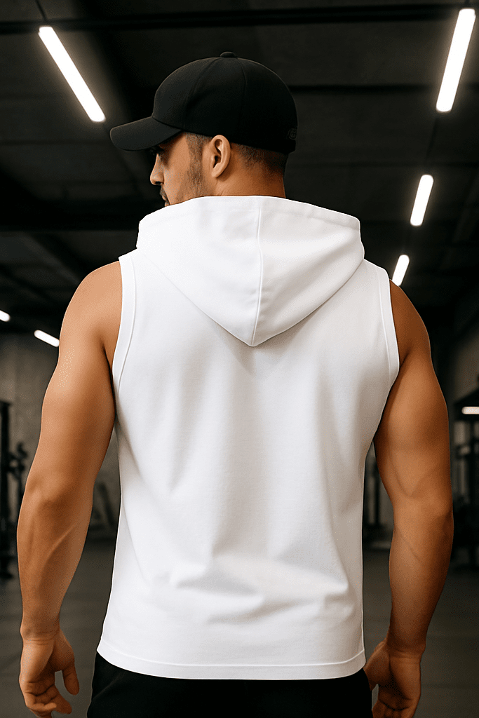 T-shirt bez rękawów z kapturem na guziki biały W5512 - DANNY