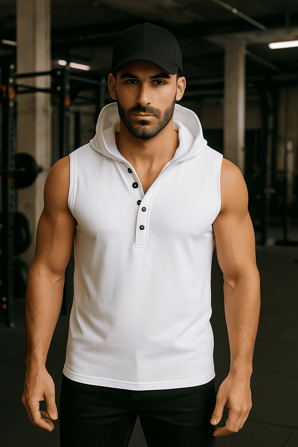 T-shirt bez rękawów z kapturem na guziki biały W5512 - DANNY