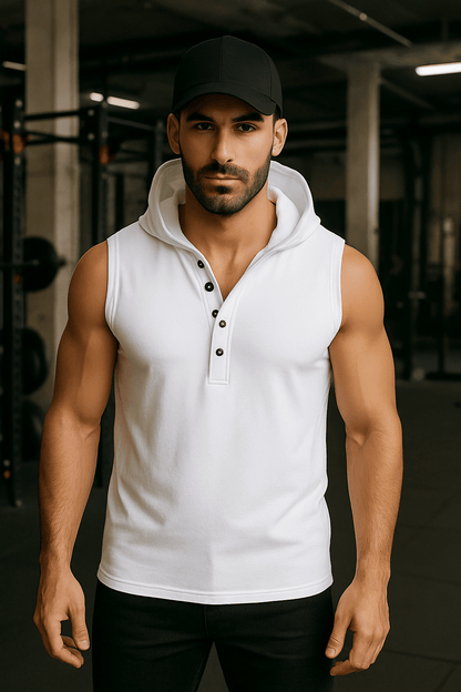 T-shirt bez rękawów z kapturem na guziki biały W5512 - DANNY