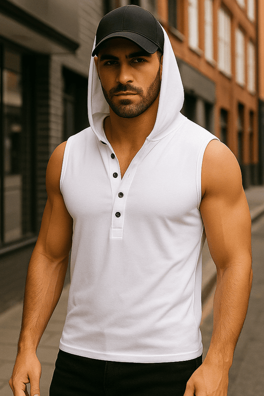 T-shirt bez rękawów z kapturem na guziki biały W5512 - DANNY