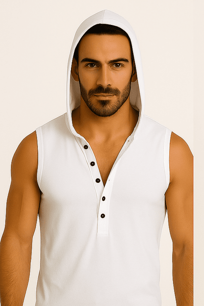 T-shirt bez rękawów z kapturem na guziki biały W5512 - DANNY