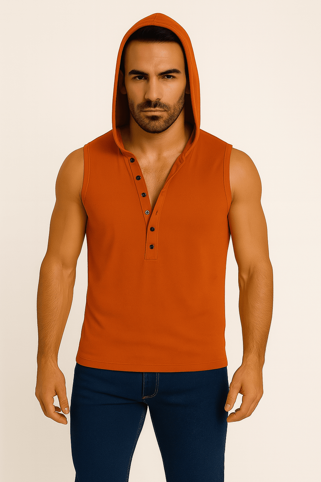 T-shirt męski bez rękawów z kapturem na guziki brązowy W5512 - DANNY