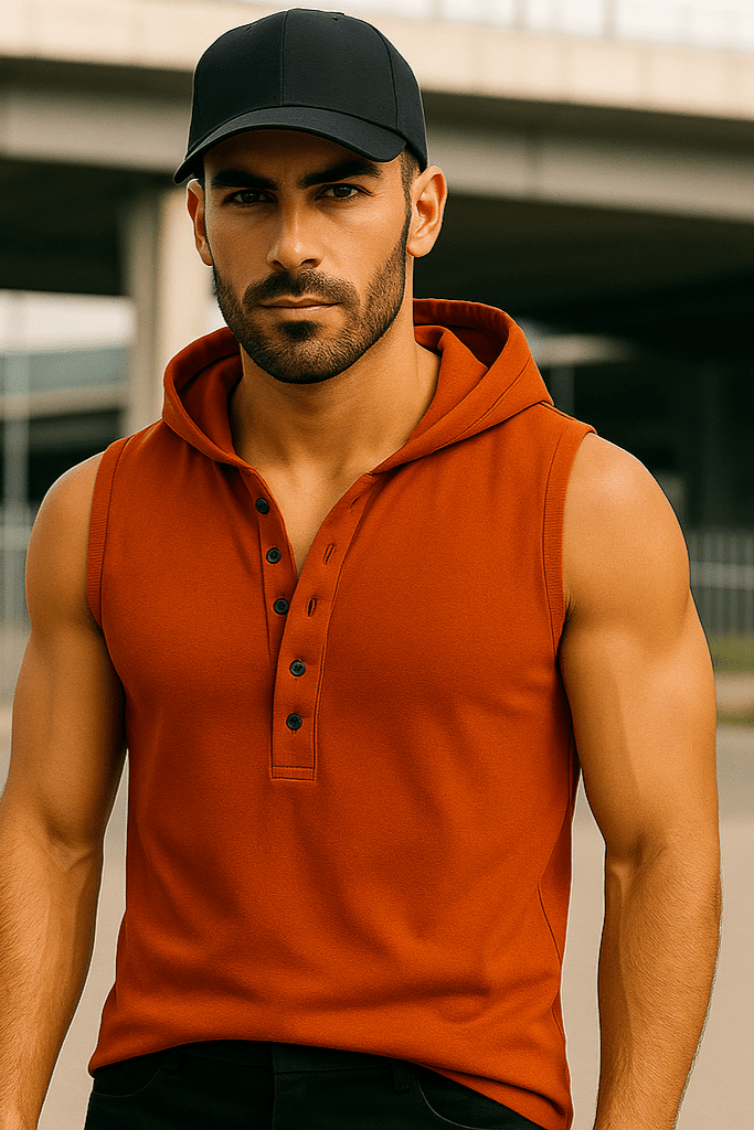 T-shirt męski bez rękawów w z kapturem na guziki brązowy W5512 - DANNY