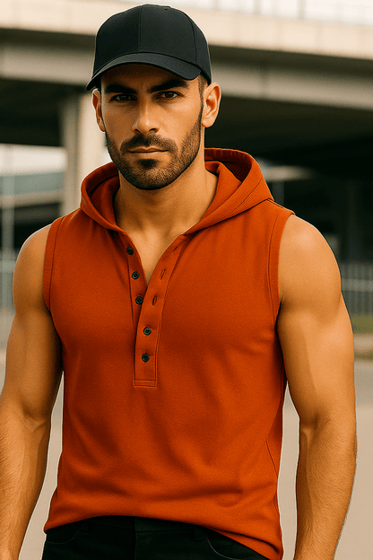 T-shirt męski bez rękawów w z kapturem na guziki brązowy W5512 - DANNY