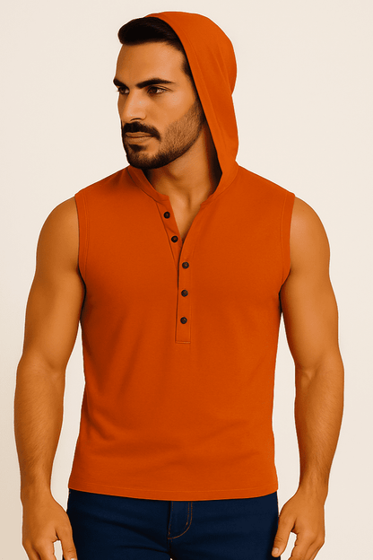 T-shirt męski bez rękawów  z kapturem na guziki brązowy W5512 - DANNY