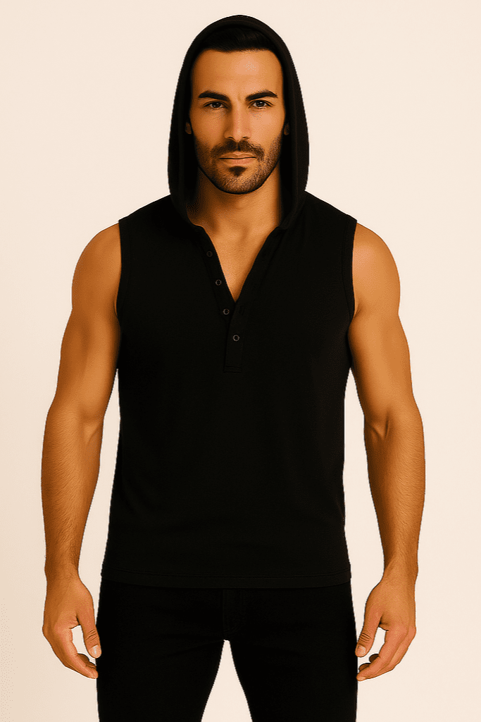 T-shirt bez rękawów z kapturem na guziki czarny W5512 - DANNY