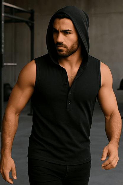 T-shirt bez rękawów z kapturem na guziki czarny W5512 - DANNY