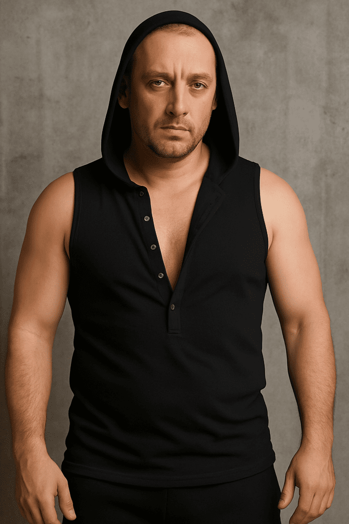 T-shirt bez rękawów z kapturem na guziki czarny W5512 - DANNY