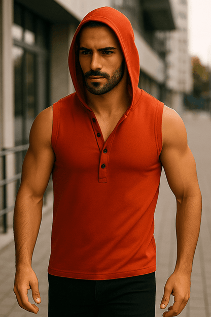 T-shirt bez rękawów z kapturem na guziki czerwony W5512 - DANNY