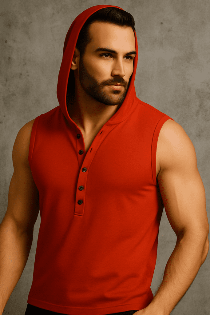 T-shirt bez rękawów z kapturem na guziki czerwony W5512 - DANNY