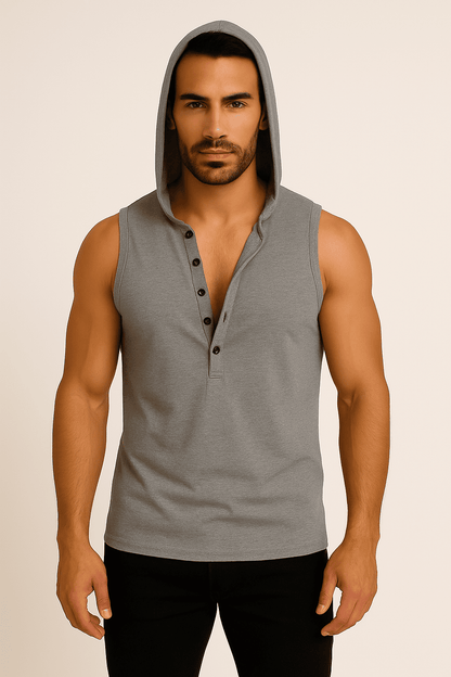 T-shirt bez rękawów z kapturem na guziki szary W5512 - DANNY