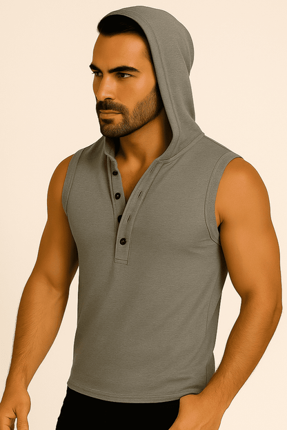 T-shirt bez rękawów z kapturem na guziki szary W5512 - DANNY