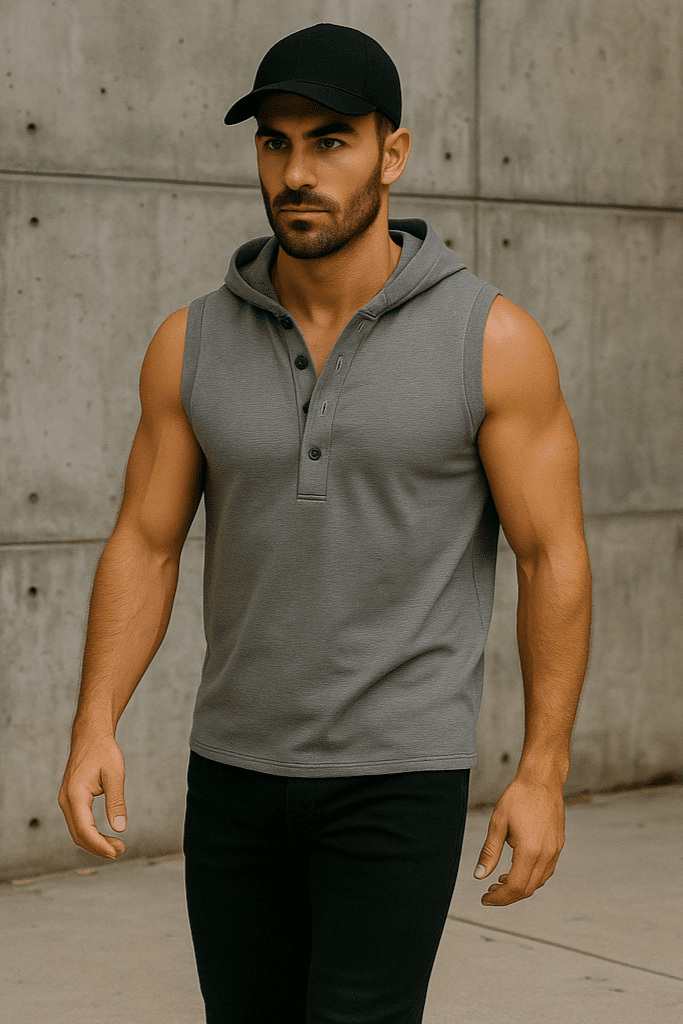 T-shirt bez rękawów z kapturem na guziki szary W5512 - DANNY