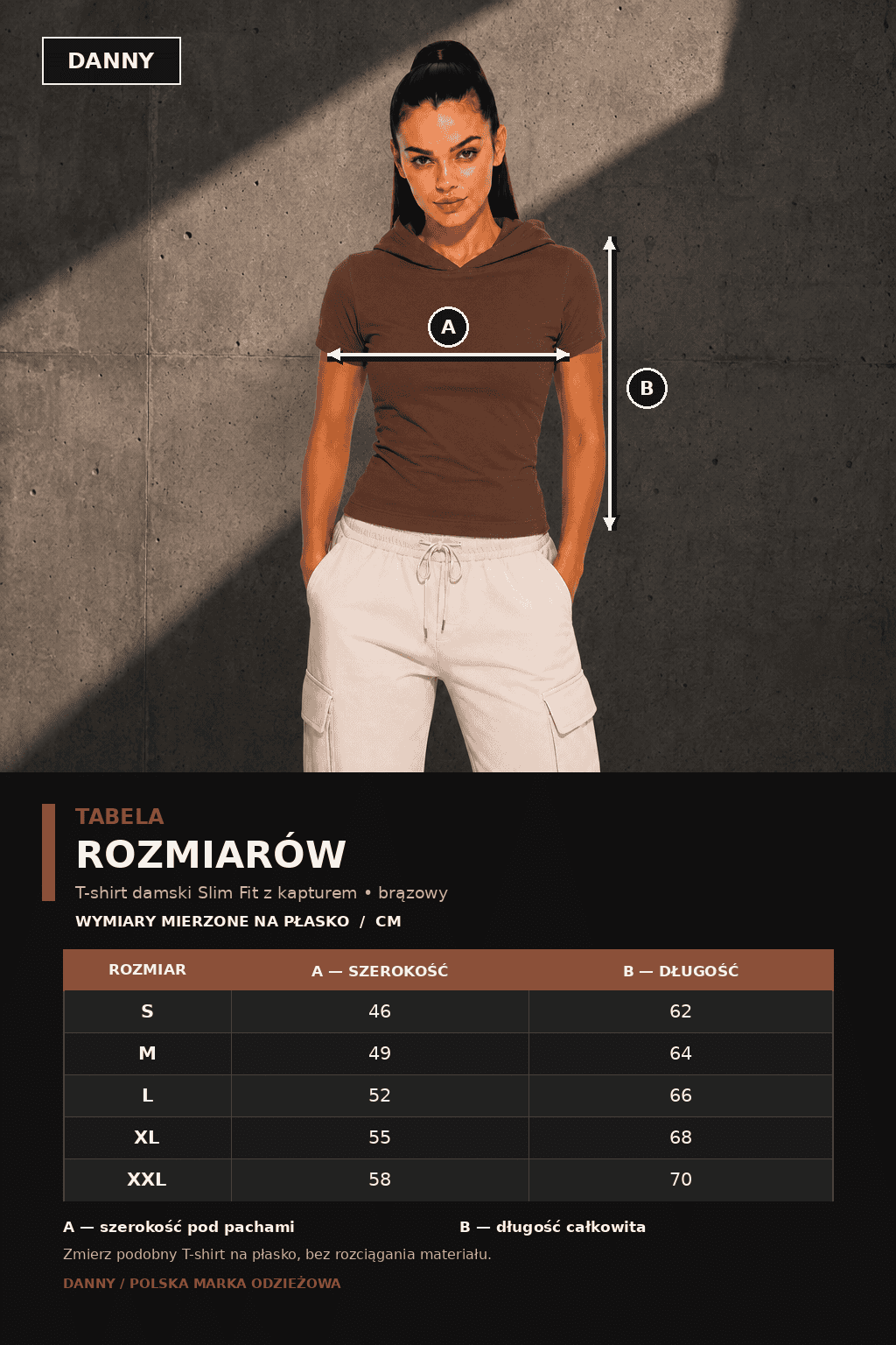 Brązowy damski T-shirt Slim Fit z krótkim rękawem i kapturem bez sznurka DANNY – tabela