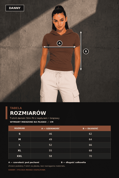 Brązowy damski T-shirt Slim Fit z krótkim rękawem i kapturem bez sznurka DANNY – tabela