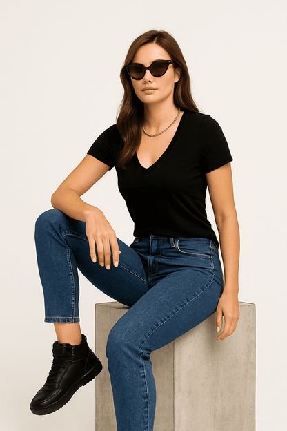 T-shirt damski czarny z dekoltem V | Klasyczny, dopasowany krój - DANNY