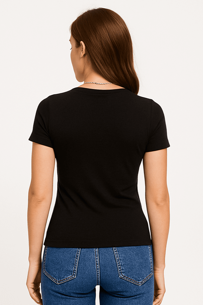 T-shirt damski czarny z dekoltem V | Klasyczny, dopasowany krój - DANNY