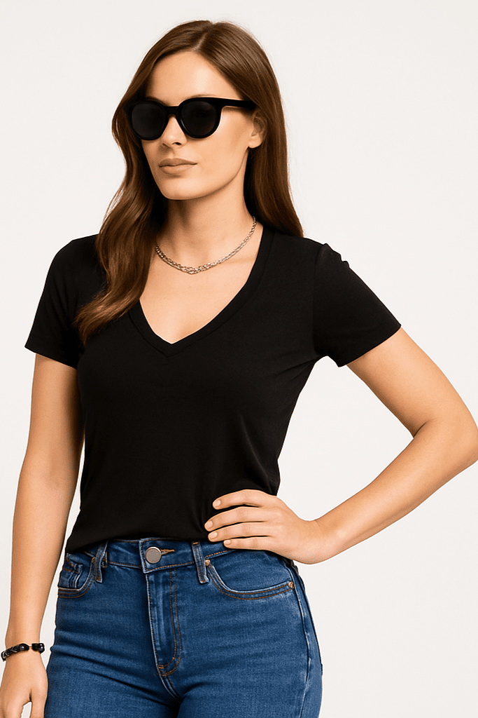 T-shirt damski czarny z dekoltem V | Klasyczny, dopasowany krój - DANNY