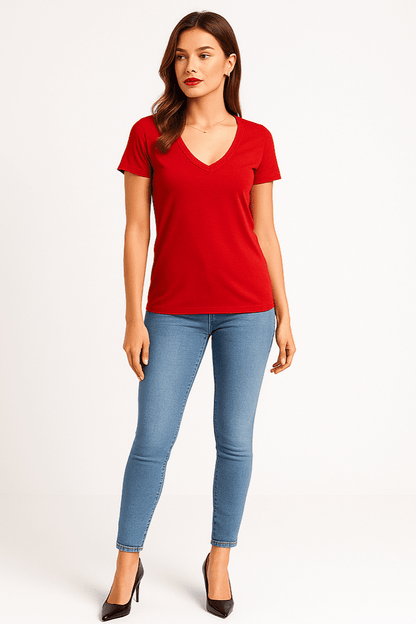 T-shirt damski czerwony z dekoltem V | Klasyczny, dopasowany krój - DANNY