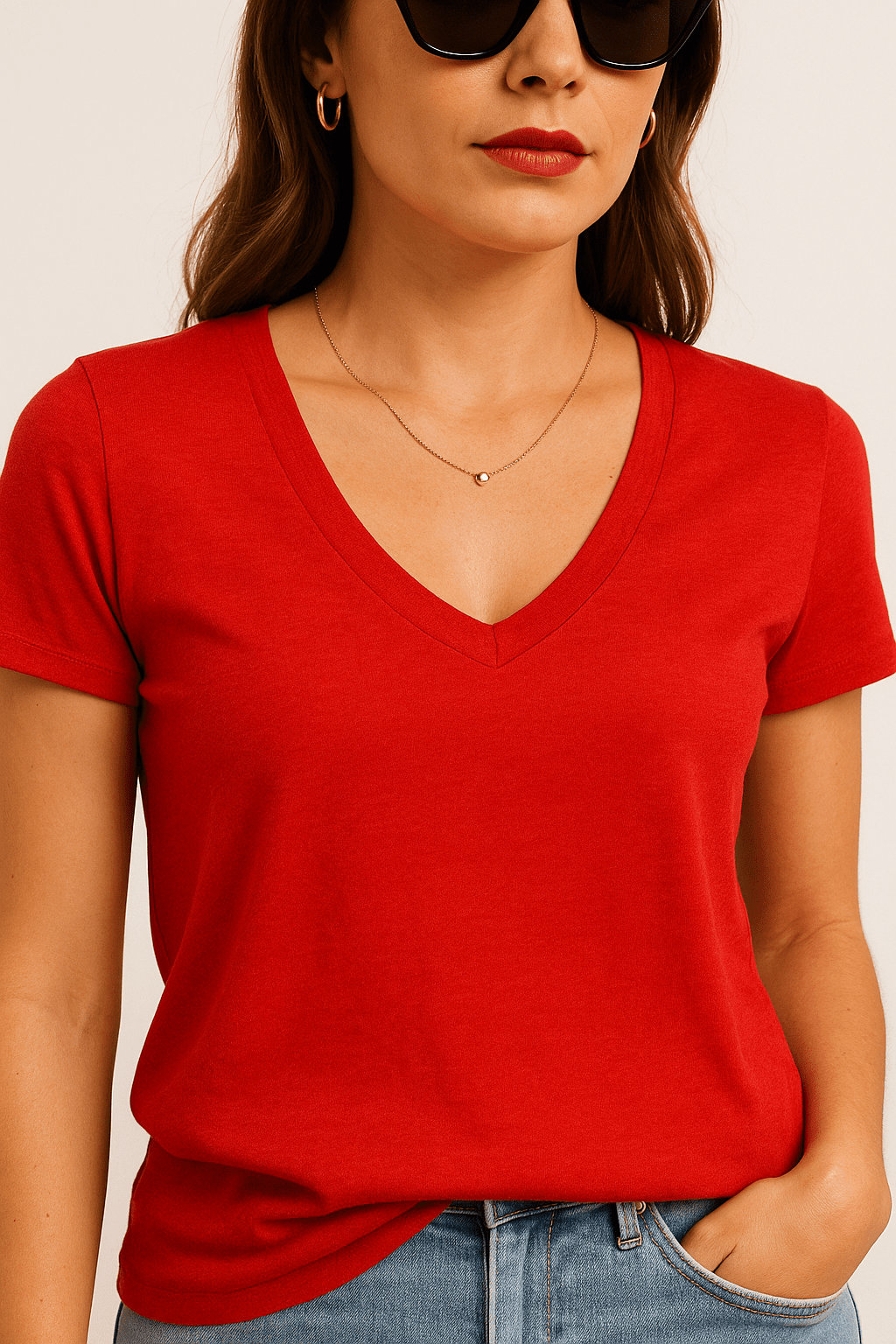 T-shirt damski czerwony z dekoltem V | Klasyczny, dopasowany krój - DANNY