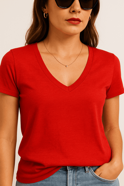 T-shirt damski czerwony z dekoltem V | Klasyczny, dopasowany krój - DANNY