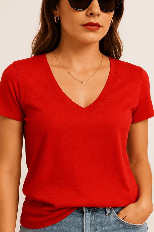 T-shirt damski czerwony z dekoltem V | Klasyczny, dopasowany krój - DANNY