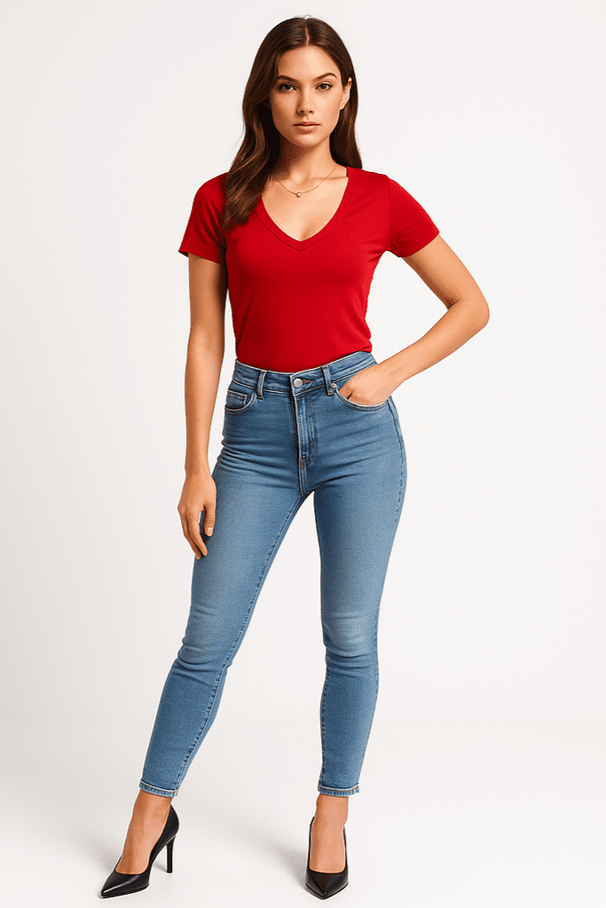 T-shirt damski czerwony z dekoltem V | Klasyczny, dopasowany krój - DANNY