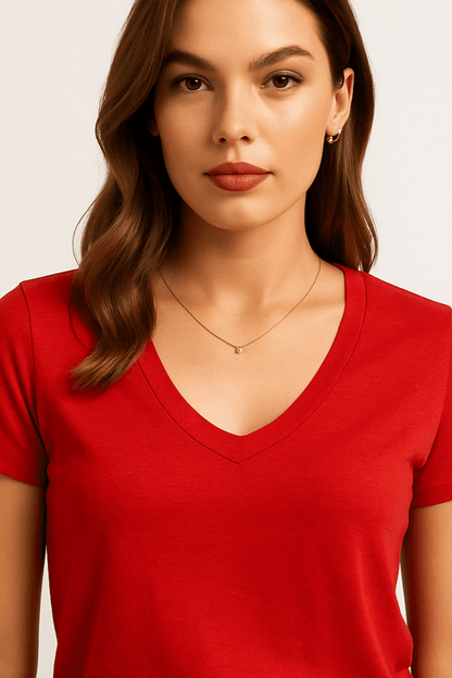 T-shirt damski czerwony z dekoltem V | Klasyczny, dopasowany krój - DANNY