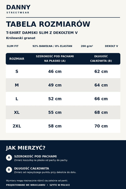 Tabela rozmiarów T-shirt damski DANNY Slim Fit z dekoltem V