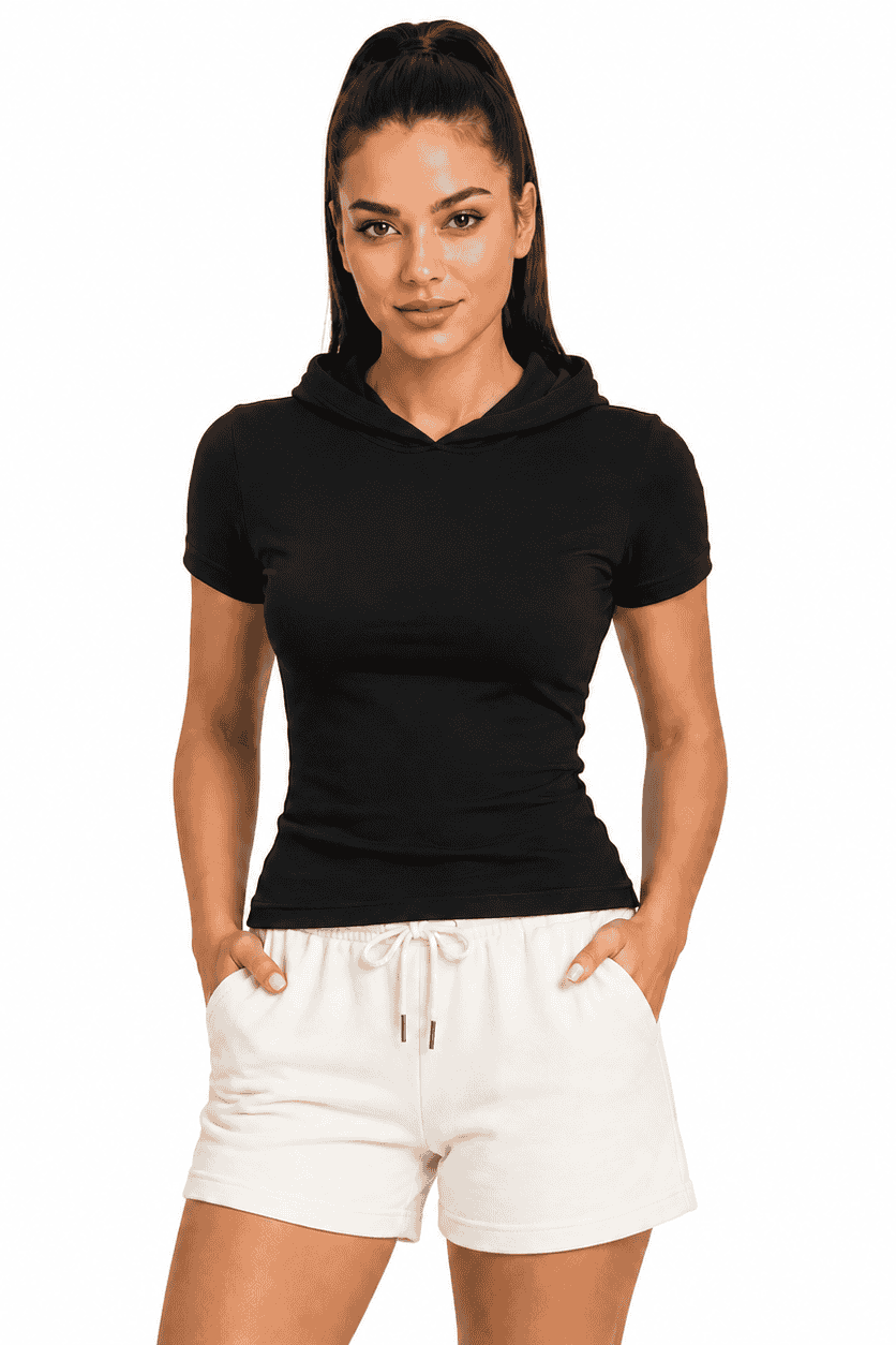 Damski czarny T-shirt Slim Fit z krótkim rękawem i kapturem bez sznurka DANNY