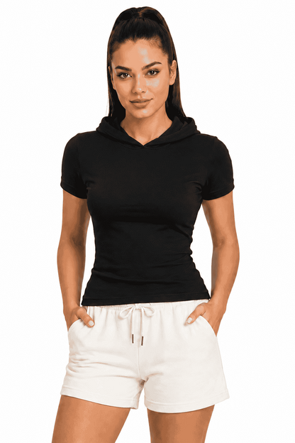 Damski czarny T-shirt Slim Fit z krótkim rękawem i kapturem bez sznurka DANNY