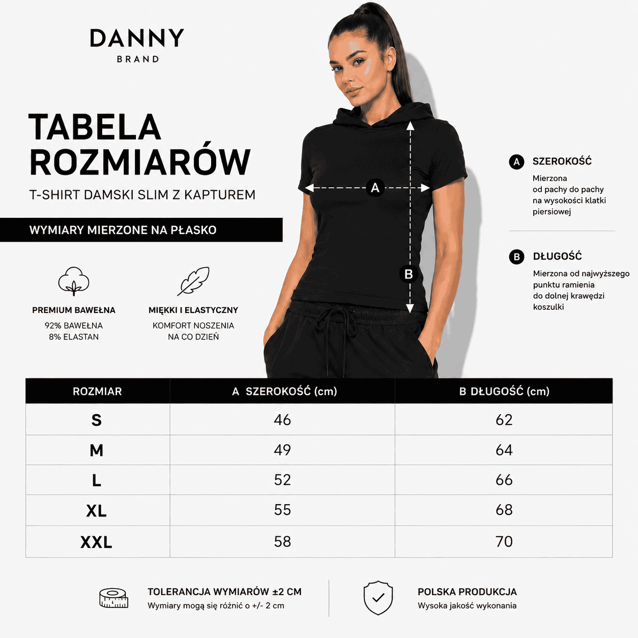 Damski T-shirt z krótkim rękawem i kapturem bez sznurka – tabela rozmiarow