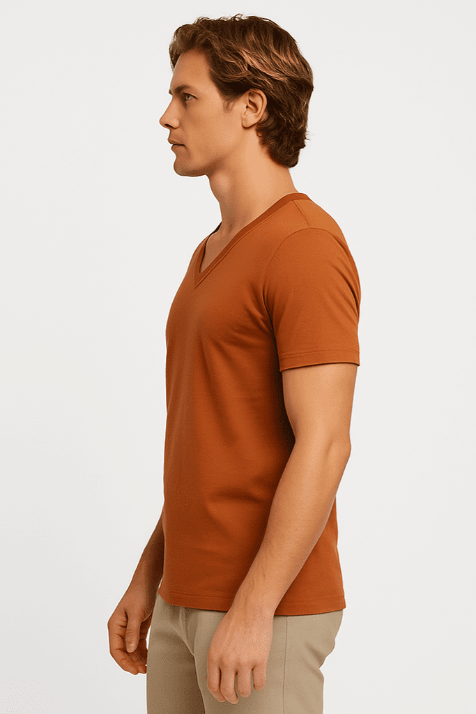 T-shirt męski Alpha V – brązowy głęboki dekolt V, premium bawełna W5510 - DANNY