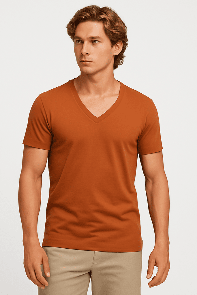 T-shirt męski Alpha V – brązowy głęboki dekolt V, premium bawełna W5510 - DANNY