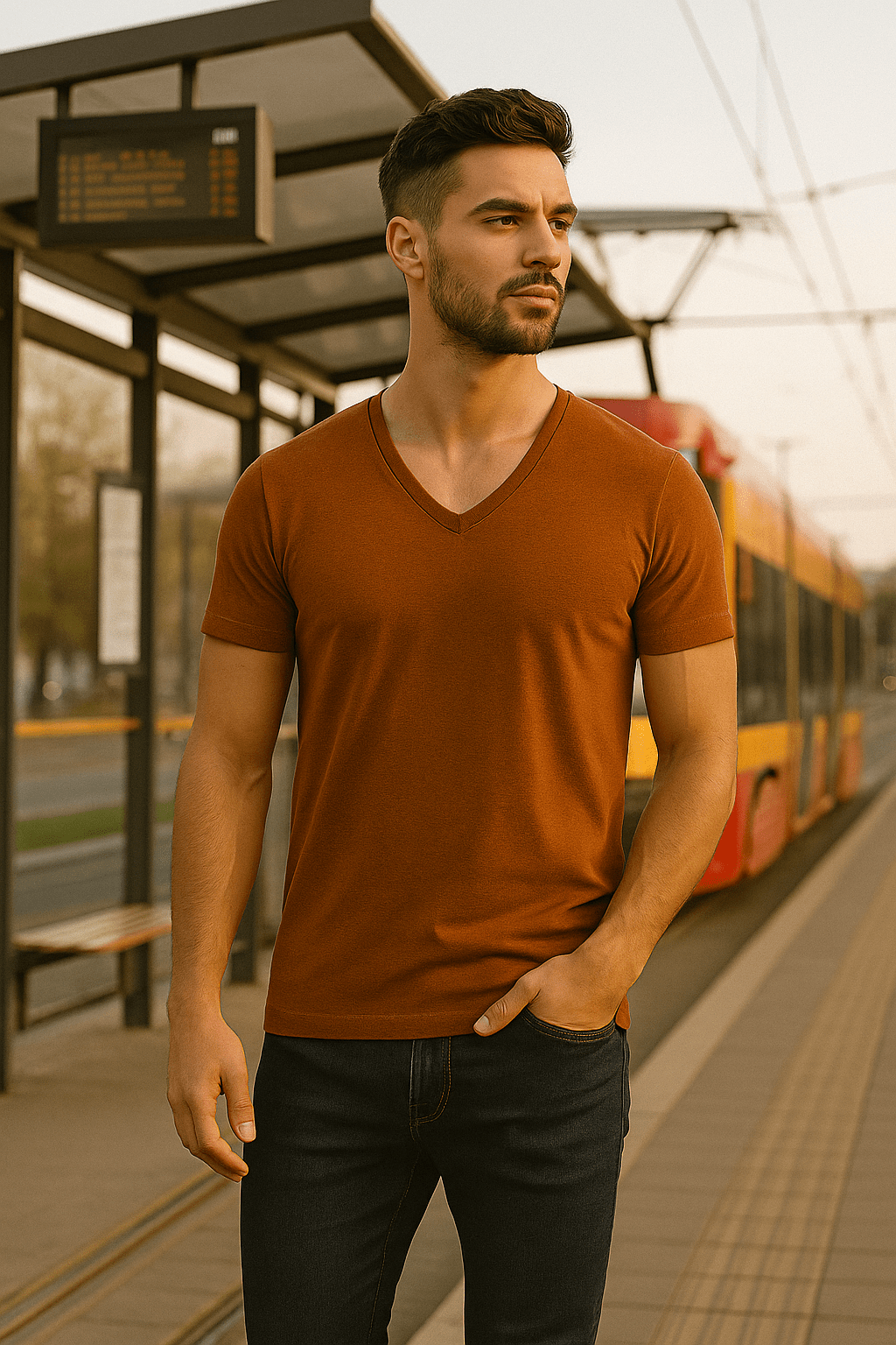 T-shirt męski Alpha V – brązowy głęboki dekolt V, premium bawełna W5510 - DANNY