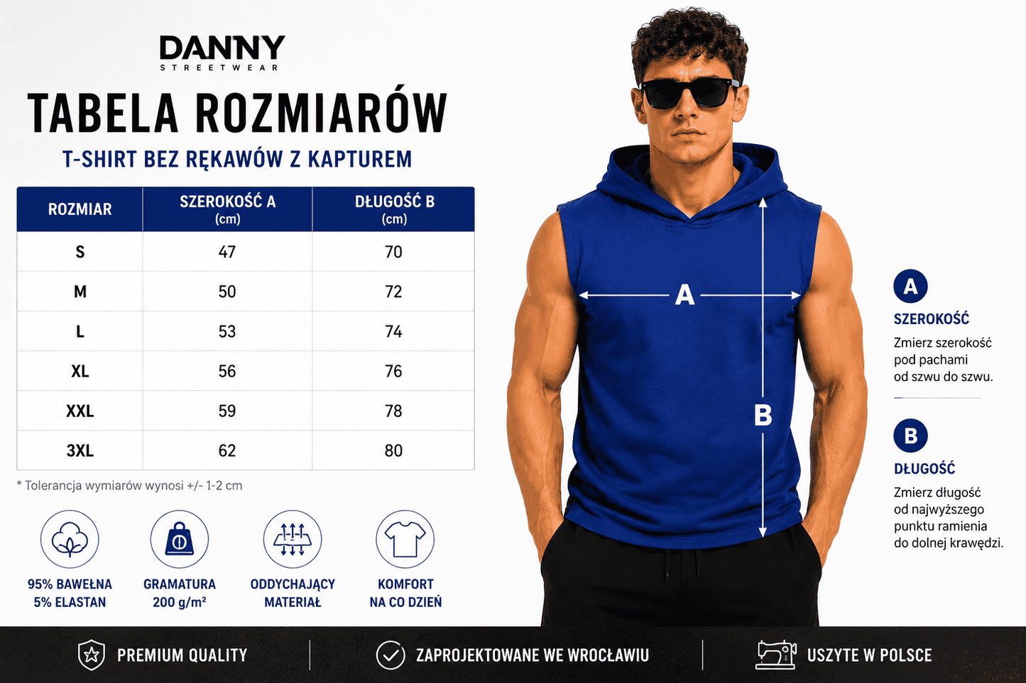 Koszulka męska bez rękawów z kapturem granatowa Danny tabela rozmiarow