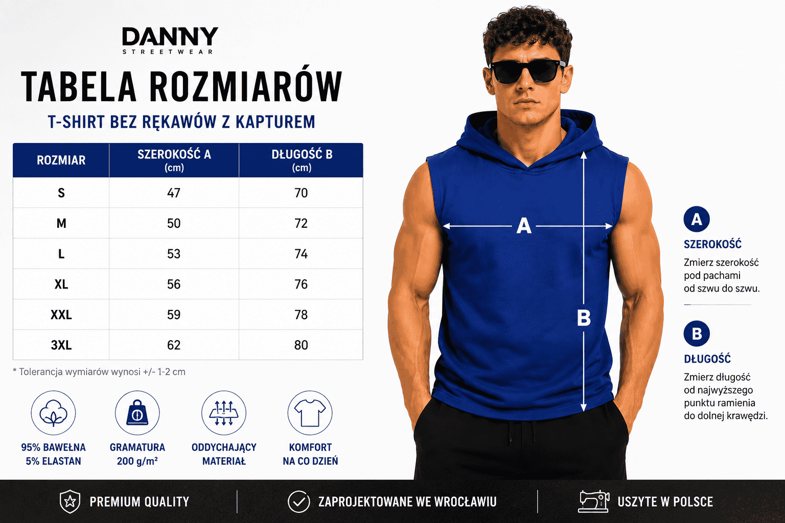 Koszulka męska bez rękawów z kapturem granatowa Danny tabela rozmiarow