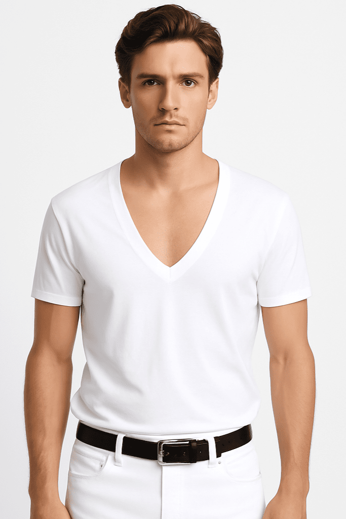 T-shirt męski głęboki dekolt Alpha V biały W5510 - DANNY