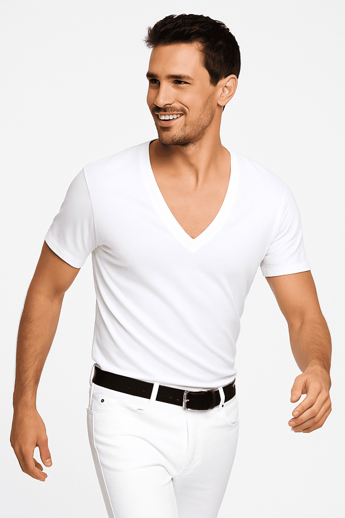 T-shirt męski głęboki dekolt Alpha V biały W5510 - DANNY