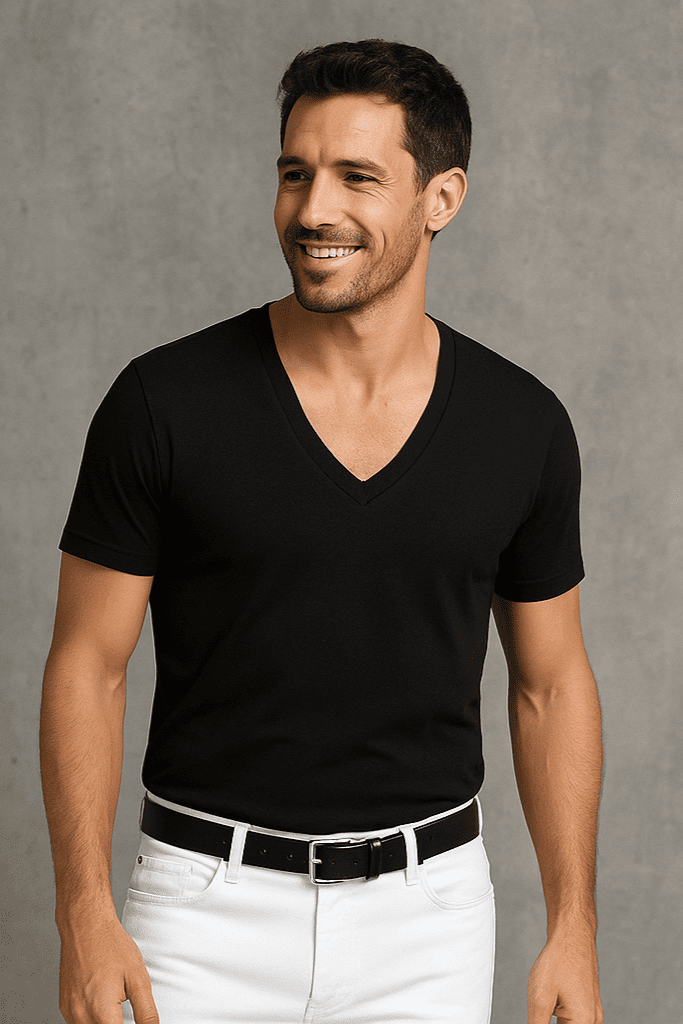 T-shirt męski głęboki dekolt Alpha V czarny W5510 - DANNY