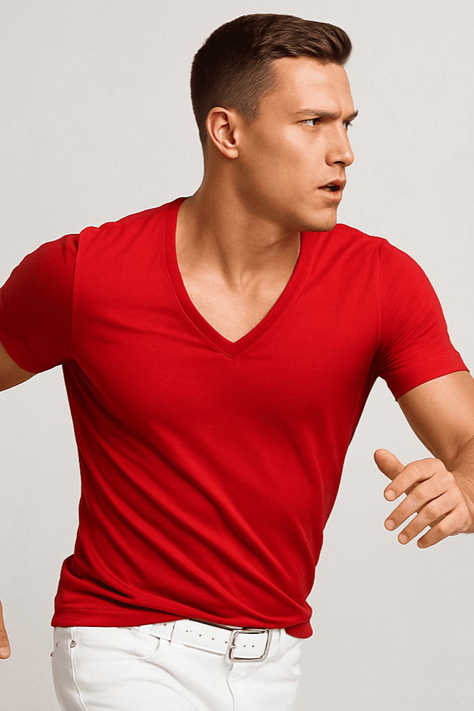 T-shirt męski głęboki dekolt Alpha V czerwony W5510 - DANNY