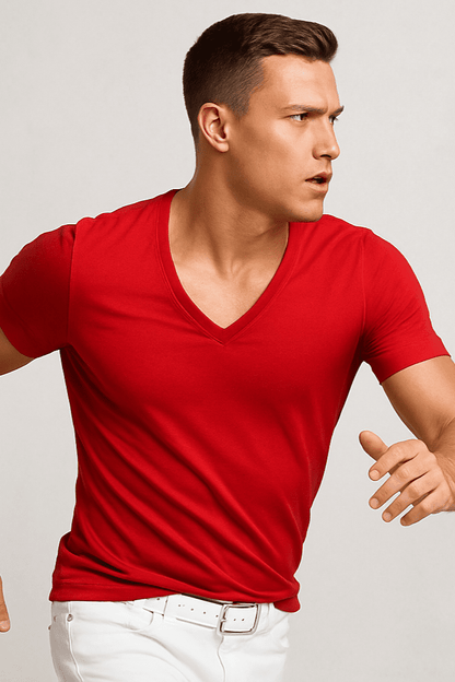 T-shirt męski głęboki dekolt Alpha V czerwony W5510 - DANNY