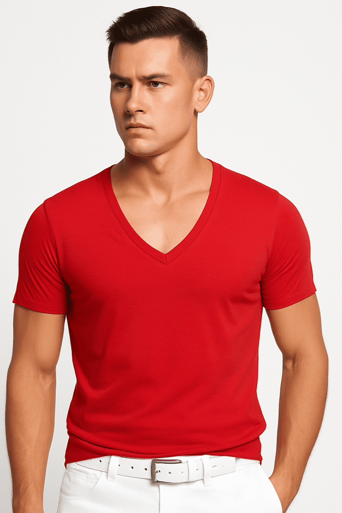 T-shirt męski głęboki dekolt Alpha V czerwony W5510 - DANNY